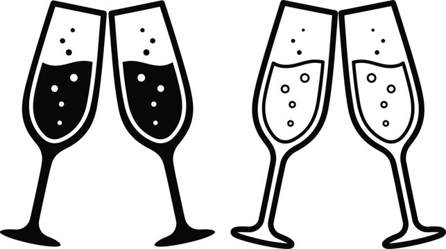 Minimalist champagne glass icons, clinking sparkling wine flutes, celebratory toast vector set for wedding and party events
