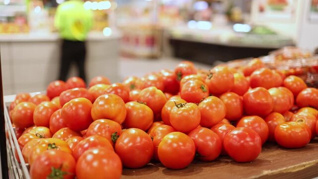 Close-up of fresh red ripe tomatoes neatly arranged on display shelves in a grocery store or supermarket, with blurred background of customers and counters. Retail food market, healthy eating and shop