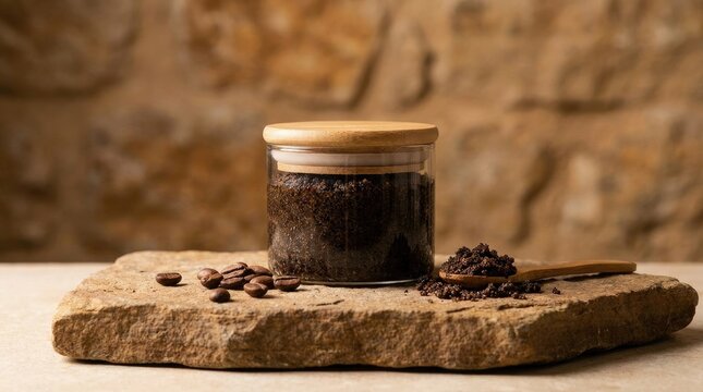 Homemade coffee body scrub in glass jar with wooden spoon and beans on natural stone background