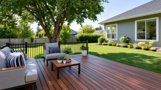 Modern backyard deck with outdoor furniture and green lawn
