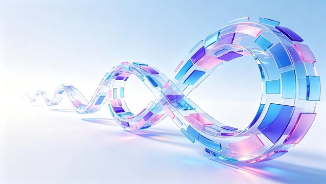 Glassy transparent 3D infinity symbol made of blue and pink square tiles on light background shows modern devops and continuous business cycle concept