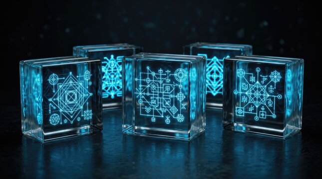 Glowing futuristic blue magic cubes with mystical glowing runes and symbols in dark atmosphere