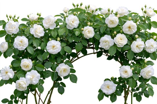 White climbing roses blooming on an arch