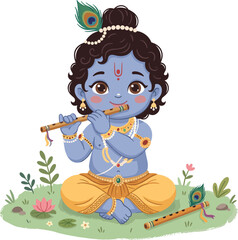 Fototapeta premium Cute Baby Krishna Playing Flute Janmashtami Festival 