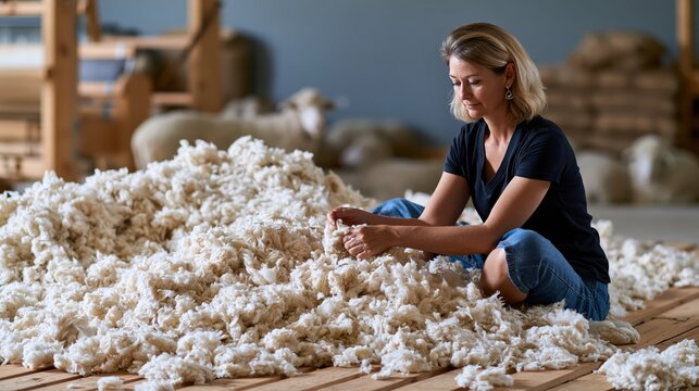 Woman examining raw wool fibers with sheep in a rustic barn during natural daylight