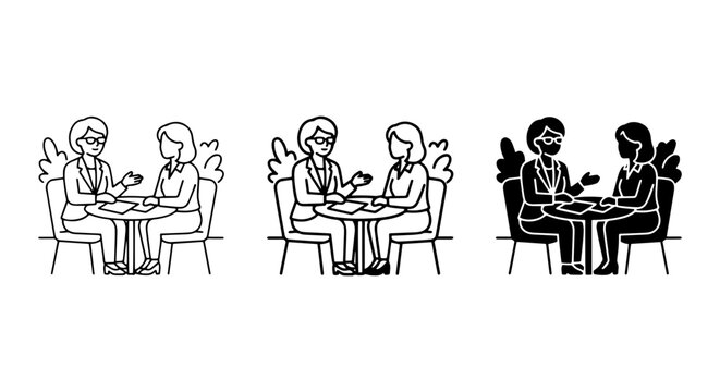 Two Women Talking at Table, Business Meeting Icons, Conversation Vector Set
