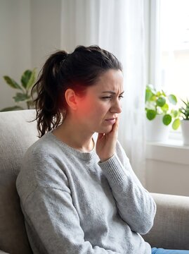 Woman holding jaw in pain, indoor setting discomfort