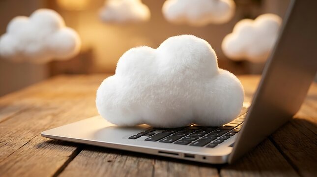 White cloud on silver laptop keyboard fluffy cloud