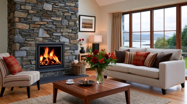 Cozy living room with stone fireplace overlooking lake view