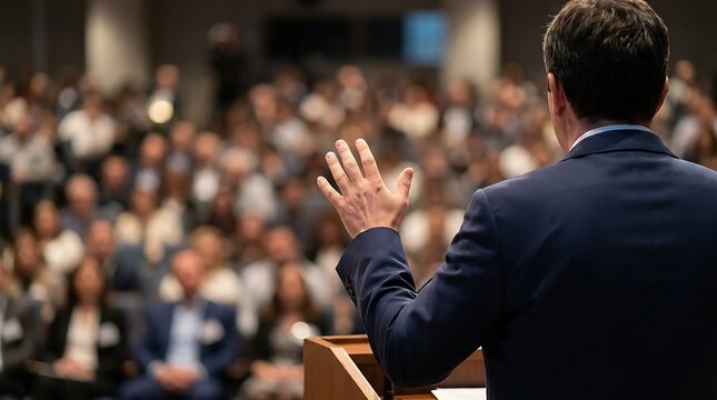 Speaker addressing large audience at conference presentation