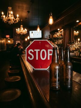 Red stop sign on bar counter with empty beer bottles