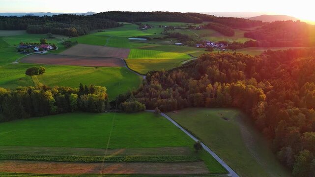 Aerial Drone View of Beautiful Rural Landscape at Golden Hour Sunset