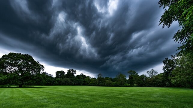 Dramatic natural landscape of lush green grass field with large green trees under heavy rolling dark storm clouds shows moody beautiful natural scenery before coming thunderstorm