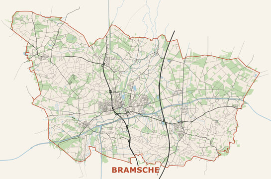 Detailed road map of Bramsche in Lower Saxony Germany highlighting local street networks, the Mittelland Canal, Hase river, green fields, and municipal boundaries on a light cream background.