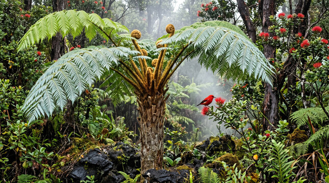 Vibrant red i'iwi bird perched gracefully on ohia lehua flowers within lush Hawaiian rain forest