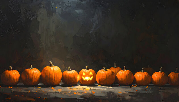 Neat arrangement of pumpkins in dark setting with one glowing pumpkin, creating warm and inviting atmosphere