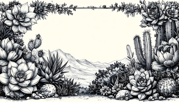 Elegant monochrome botanical illustration with a detailed border of succulents and cacti, framing an open space and distant mountains. Ideal for vintage nature designs