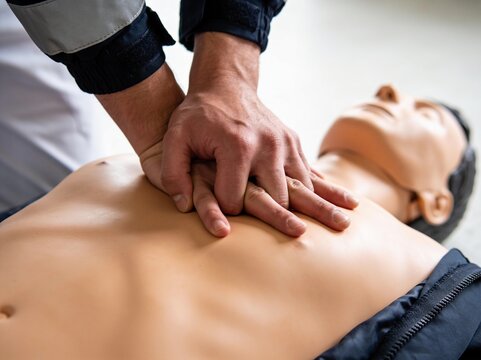 A medical professional performs chest compressions on a CPR training mannequin in a clinical setting.