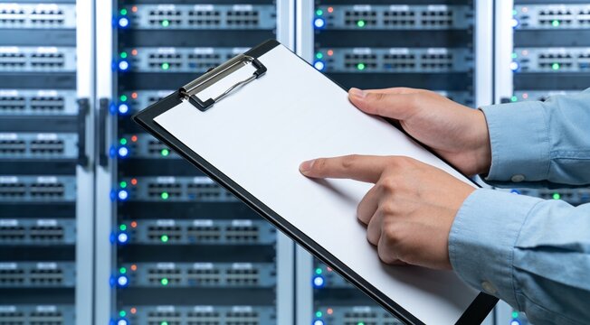 A professional technician points at a blank clipboard while working in a modern server room setup.