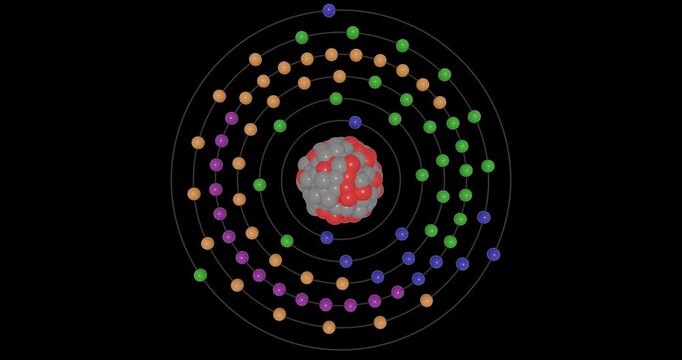 3D animation of a Thallium atom on a transparent background showing shells, subshells, electron orbits, and nucleus with protons and neutrons, illustrating atomic structure and energy levels.