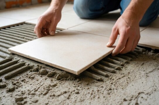 A construction worker carefully places a square ceramic tile onto a layer of fresh adhesive mortar.
