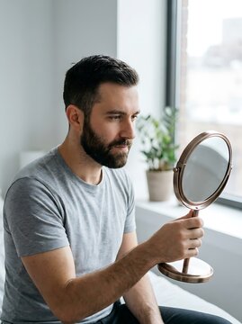 Man checking hair in handheld mirror by window male