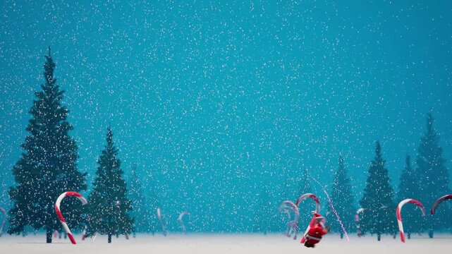 Static snow winter landscape with santa clus run cross screen. Christmas title background