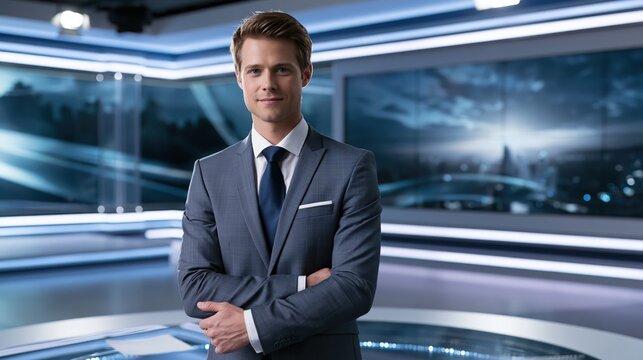 Smiling Caucasian man in a suit standing confidently in a modern news studio with a soft blue background and screen displays