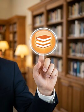 Hand pressing glowing orange book in library finger