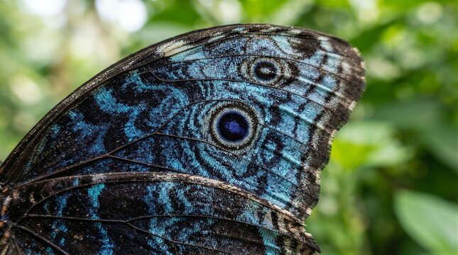 Blue butterfly wing showing eye spot in blurred foliage