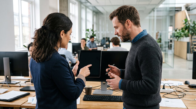 Product manager and developer reviewing app workflow
