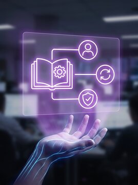 Hand interacting with glowing digital purple book