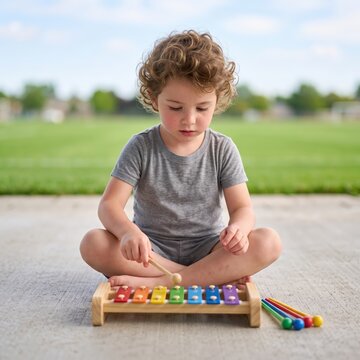 Focused toddler discovers the joy of music with a vibrant xylophone in a sunny outdoor setting