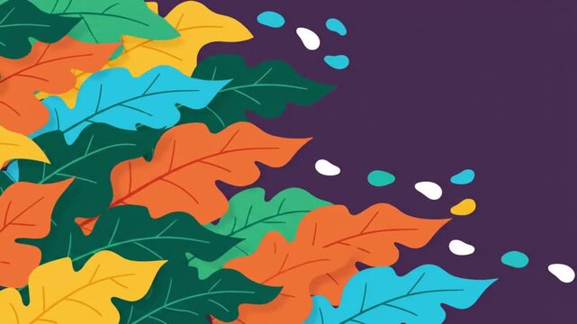 Colorful autumn leaves drifting in graceful motion within this stylized digital animation clip featuring vibrant seasonal foliage against purple backdrop