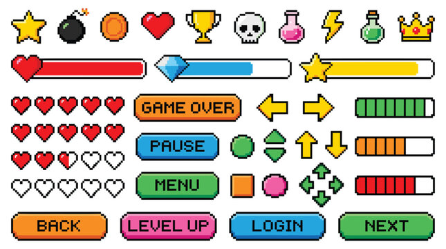 Retro video game themed element pack, pixel style, hearts, health bars, interface buttons, icons, potions, and rewards