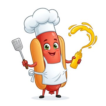 Cute cartoon hot dog character dressed as a chef, holding a spatula and mustard bottle, smiling cheerfully in a playful food mascot style on a clean white background.