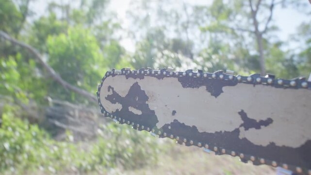 POV view from a camera mounted to chainsaw as carried toward Australian bushland. The chainsaw guide bar and chain are visible in the foreground as the operator approaches fallen timber and deadfall