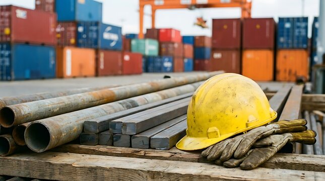 Construction site with hard hat, gloves, and steel