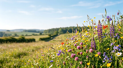 Obraz premium Vibrant Field of Poppies and Wildflowers Blooming in a Beautiful Summer Meadow Under a Clear Blue Sky Countryside Landscape Background
