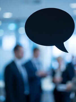 Black speech bubble over blurred office scene business