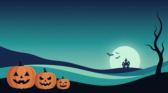 Happy halloween scary pumpkin patch and haunted house under full moon with jack olantern spooky night halloween background scary face night landscape evil smile halloween pumpkins celebration