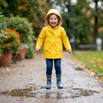 Cheerful child in yellow raincoat jumping in puddle in autumn park