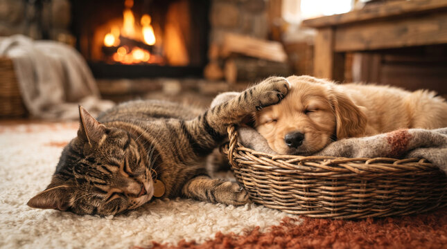 Tabby Cat and Golden Retriever Puppy Sleeping by Warm Fireplace