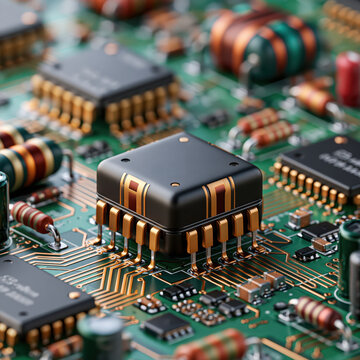 Integrated circuit circuit board electronic component semiconductor microchip copper black gold green technology