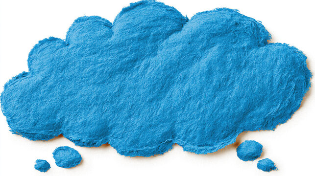 Blue textured paper thought bubble cutout with rough edge, isolated on white background, conveying creative thinking and imagination