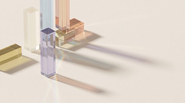 Minimalist 3D Composition of Transparent Geometric Prisms Casting Soft Shadows and Light Refractions
