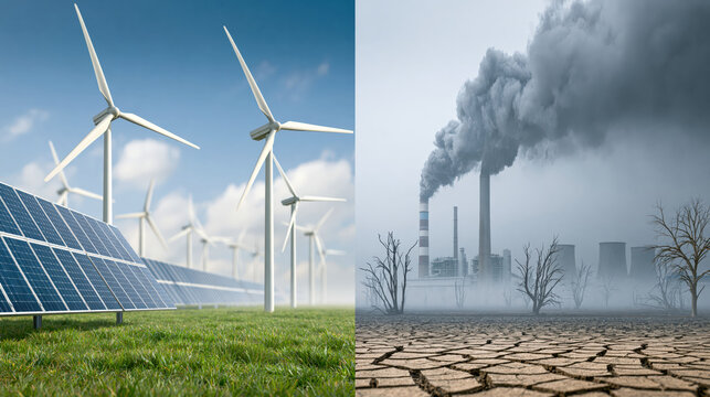 Renewable energy landscape beside industrial pollution and drought, contrasting clean technology with environmental damage and climate concern
