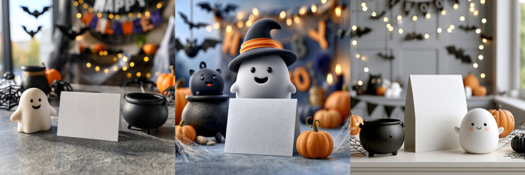 Halloween ghost card mockup with pumpkin and cauldron surrounded by bat decoration and warm fairy light