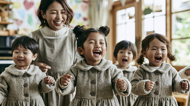 Joyful Japanese teacher and toddlers singing and dancing in bright kindergarten classroom with piano and warm natural light