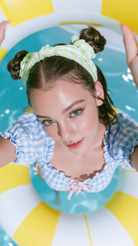 Young Asian woman swim ring summer vacation lifestyle pool portrait smiling